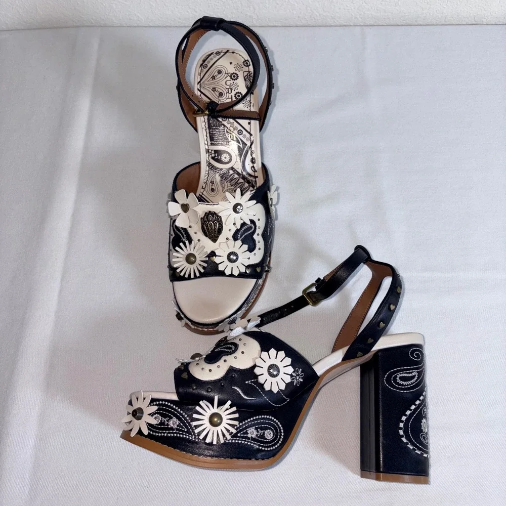Kurt Geiger Shoreditch Platform Sandals 8.5 Black White Floral Paisley Excellent
